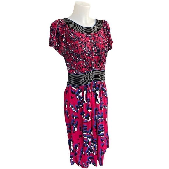 BCBGMAXAZRIA RED FLOWY CASUAL DRESS SCOOP NECK ABSTRACT WATERCOLOR PRINT SZ S - Picture 2 of 9